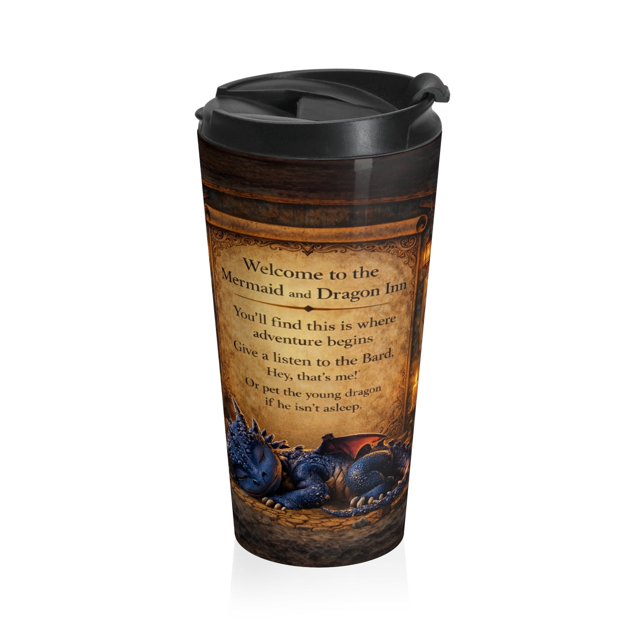 Mermaid and Dragon Stainless Steel Travel Mug — Fantasy Ocean Mythic Insulated Tumbler