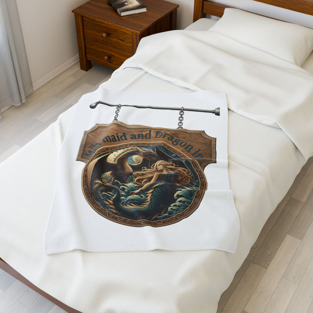 Mermaid and Dragon Inn Velveteen Plush Blanket — Fantasy Nautical Cozy Throw