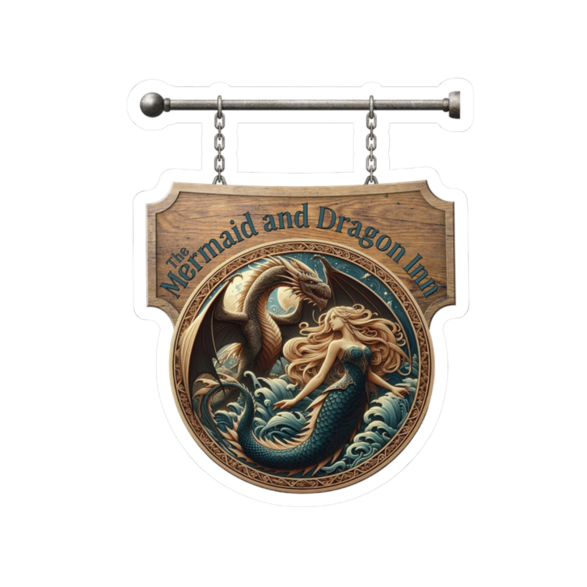 Mermaid and Dragon Inn Kiss-Cut Sticker — Vintage Nautical Fantasy Sign