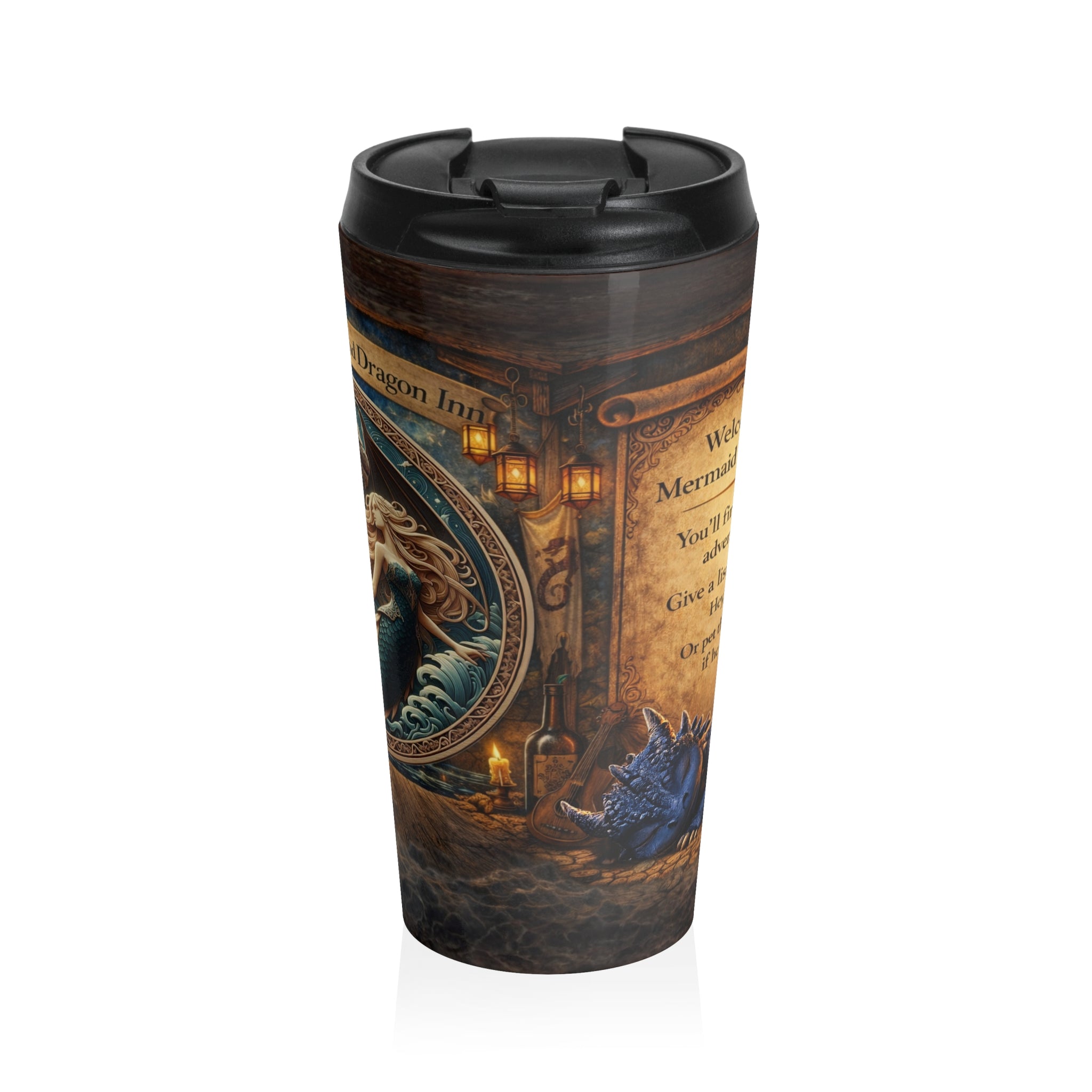 Mermaid and Dragon Stainless Steel Travel Mug — Fantasy Ocean Mythic Insulated Tumbler