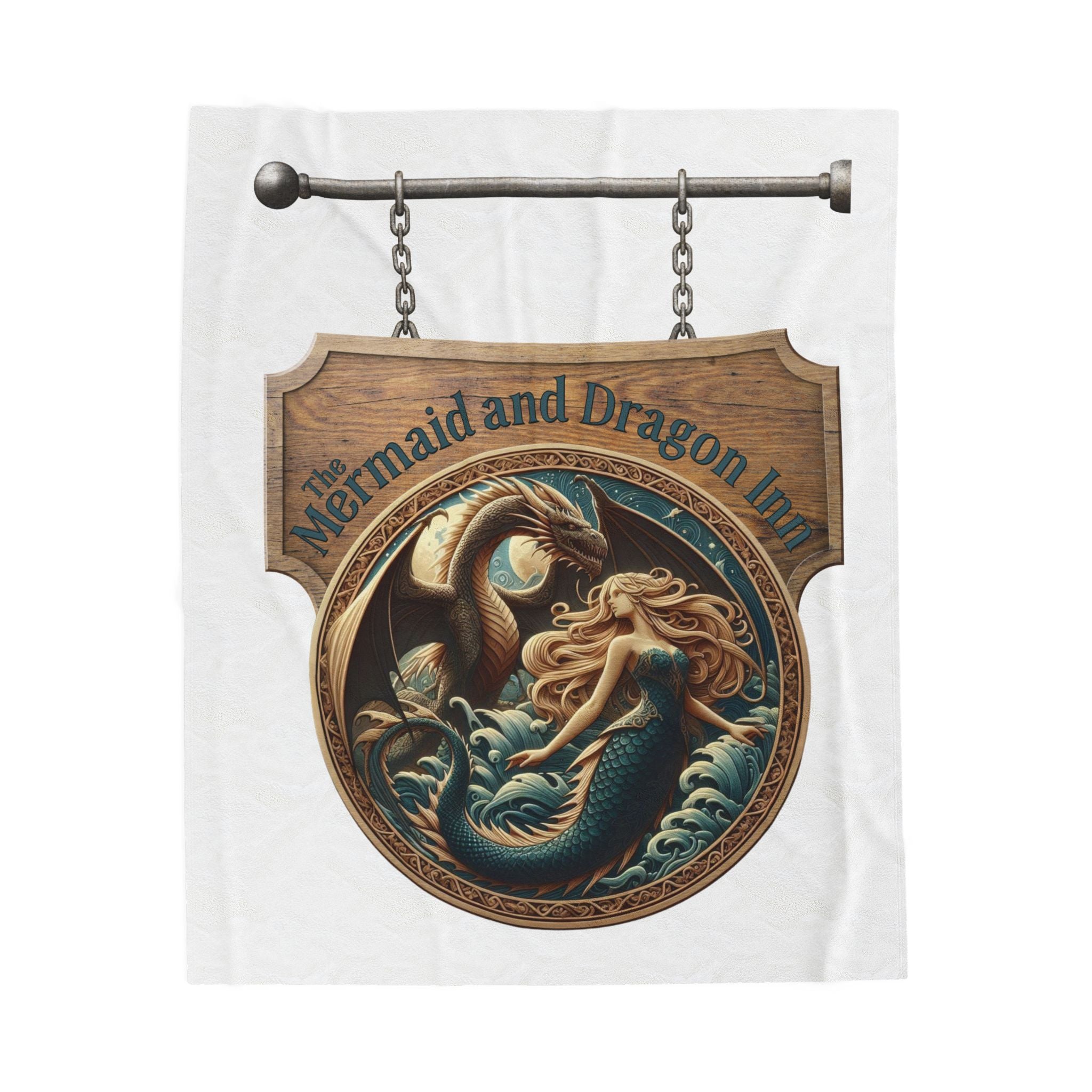 Mermaid and Dragon Inn Velveteen Plush Blanket — Fantasy Nautical Cozy Throw