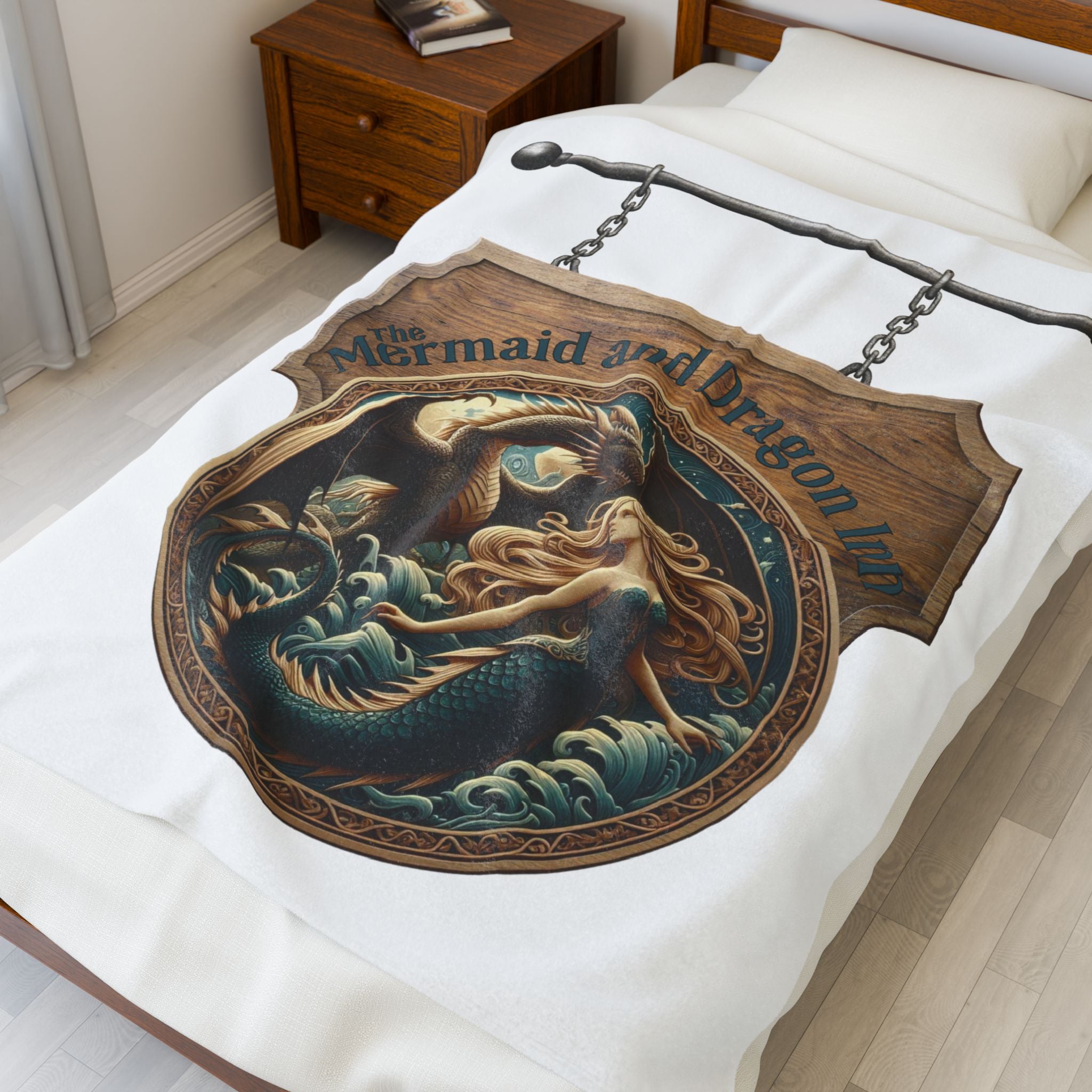 Mermaid and Dragon Inn Velveteen Plush Blanket — Fantasy Nautical Cozy Throw
