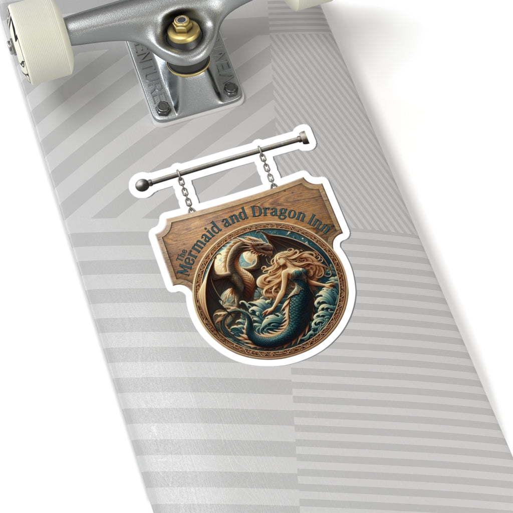 Mermaid and Dragon Inn Kiss-Cut Sticker — Vintage Nautical Fantasy Sign