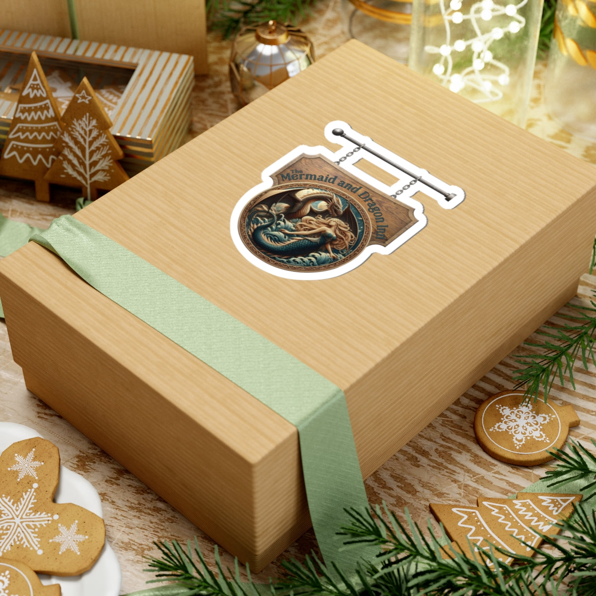 Mermaid and Dragon Inn Kiss-Cut Sticker — Vintage Nautical Fantasy Sign