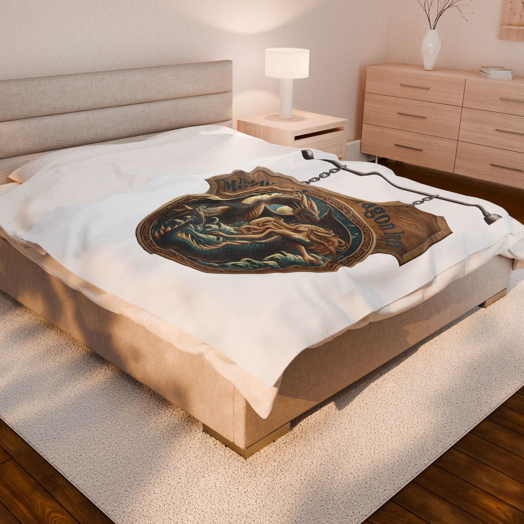 Mermaid and Dragon Inn Velveteen Plush Blanket — Fantasy Nautical Cozy Throw