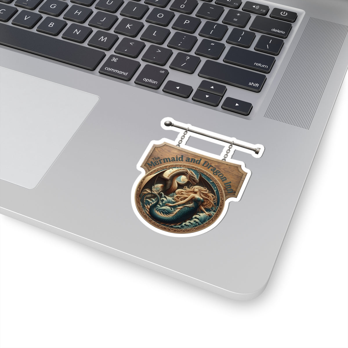 Mermaid and Dragon Inn Kiss-Cut Sticker — Vintage Nautical Fantasy Sign