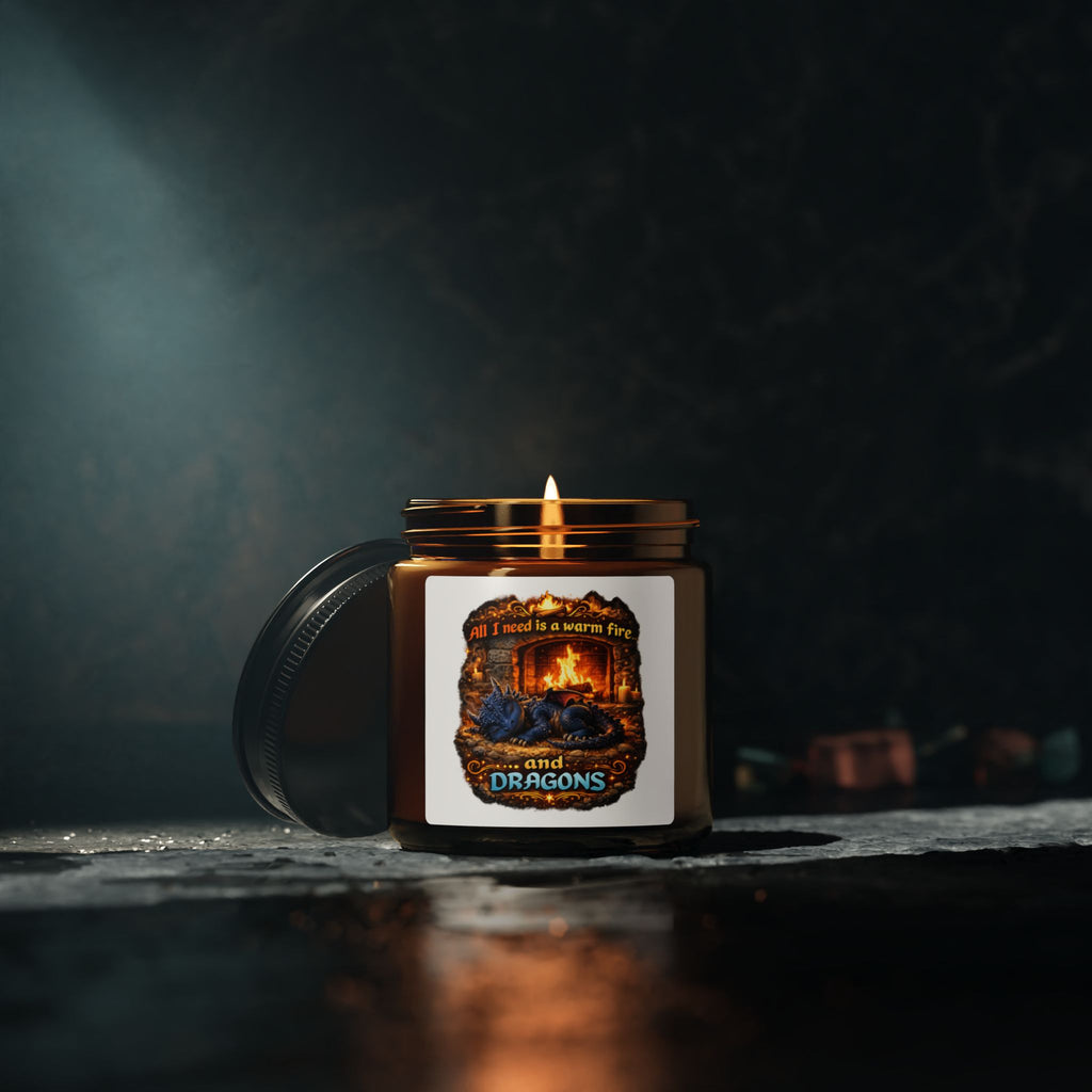 Dragon Hearth Soy Candle — "All I Need Is a Warm Fire and Dragons" Amber Jar