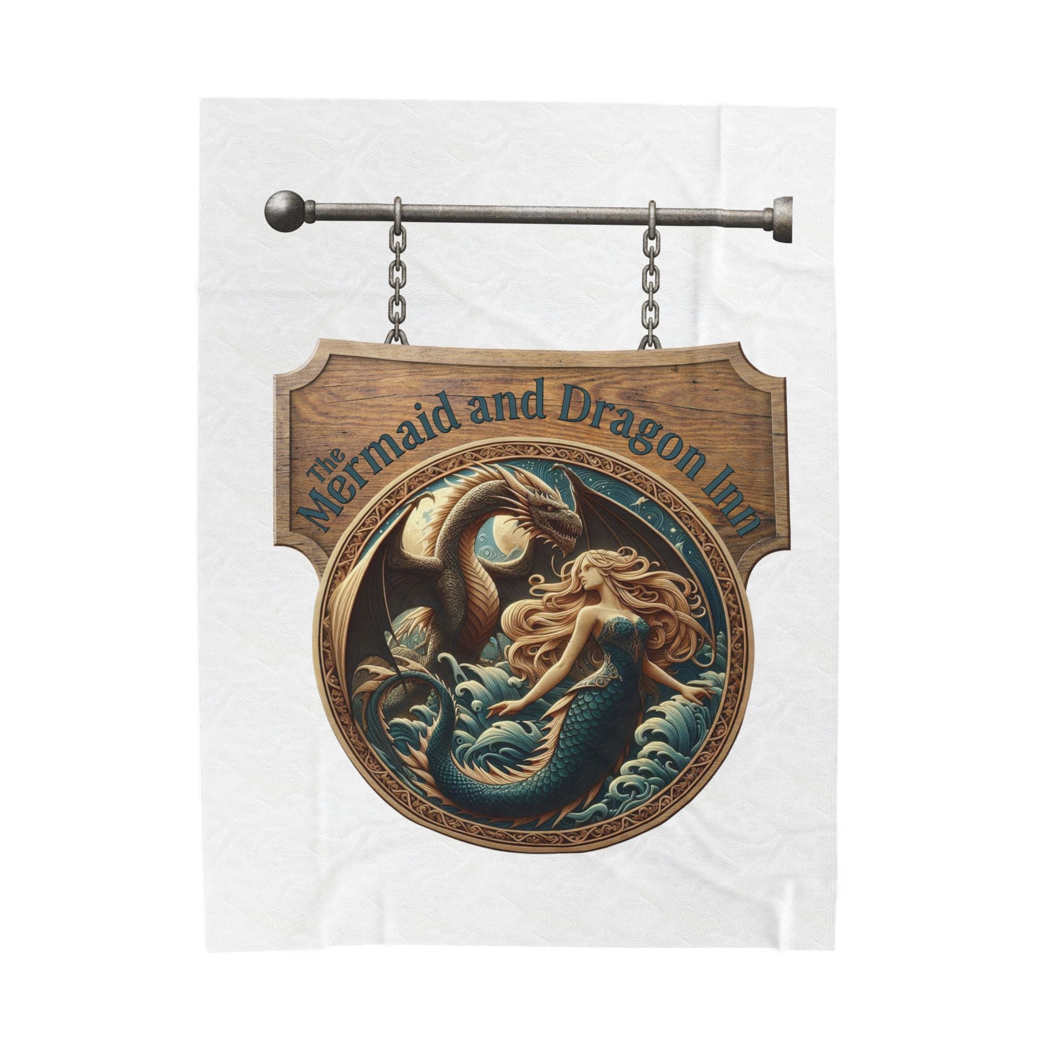 Mermaid and Dragon Inn Velveteen Plush Blanket — Fantasy Nautical Cozy Throw