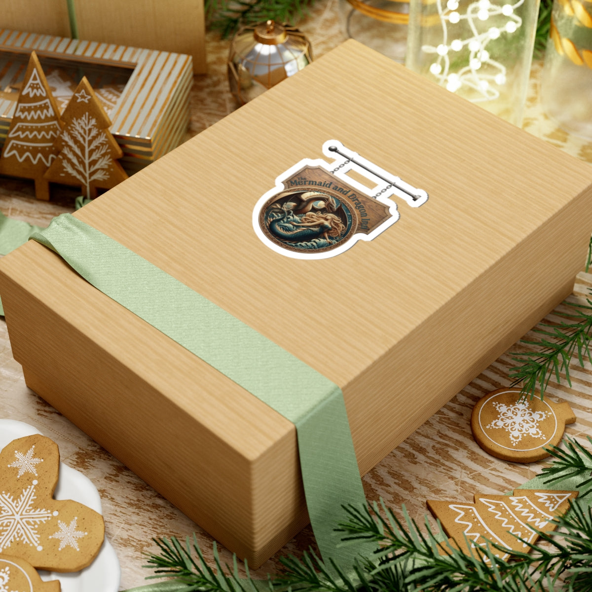 Mermaid and Dragon Inn Kiss-Cut Sticker — Vintage Nautical Fantasy Sign