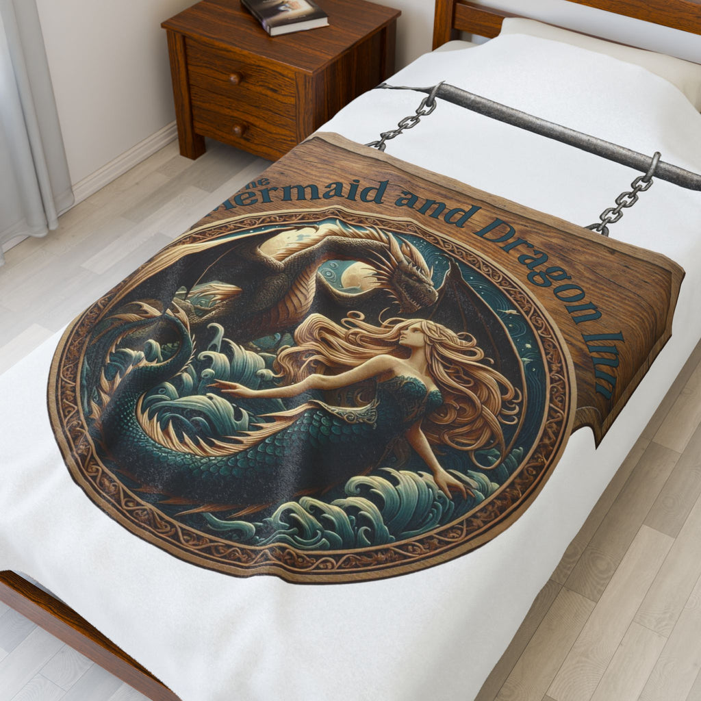 Mermaid and Dragon Inn Velveteen Plush Blanket — Fantasy Nautical Cozy Throw