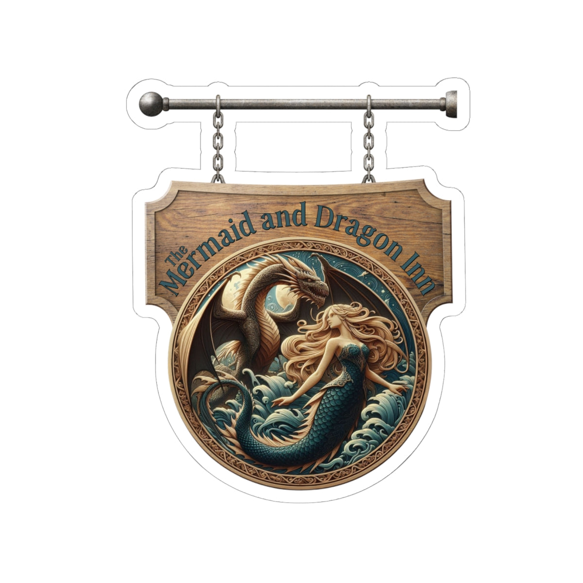 Mermaid and Dragon Inn Kiss-Cut Sticker — Vintage Nautical Fantasy Sign