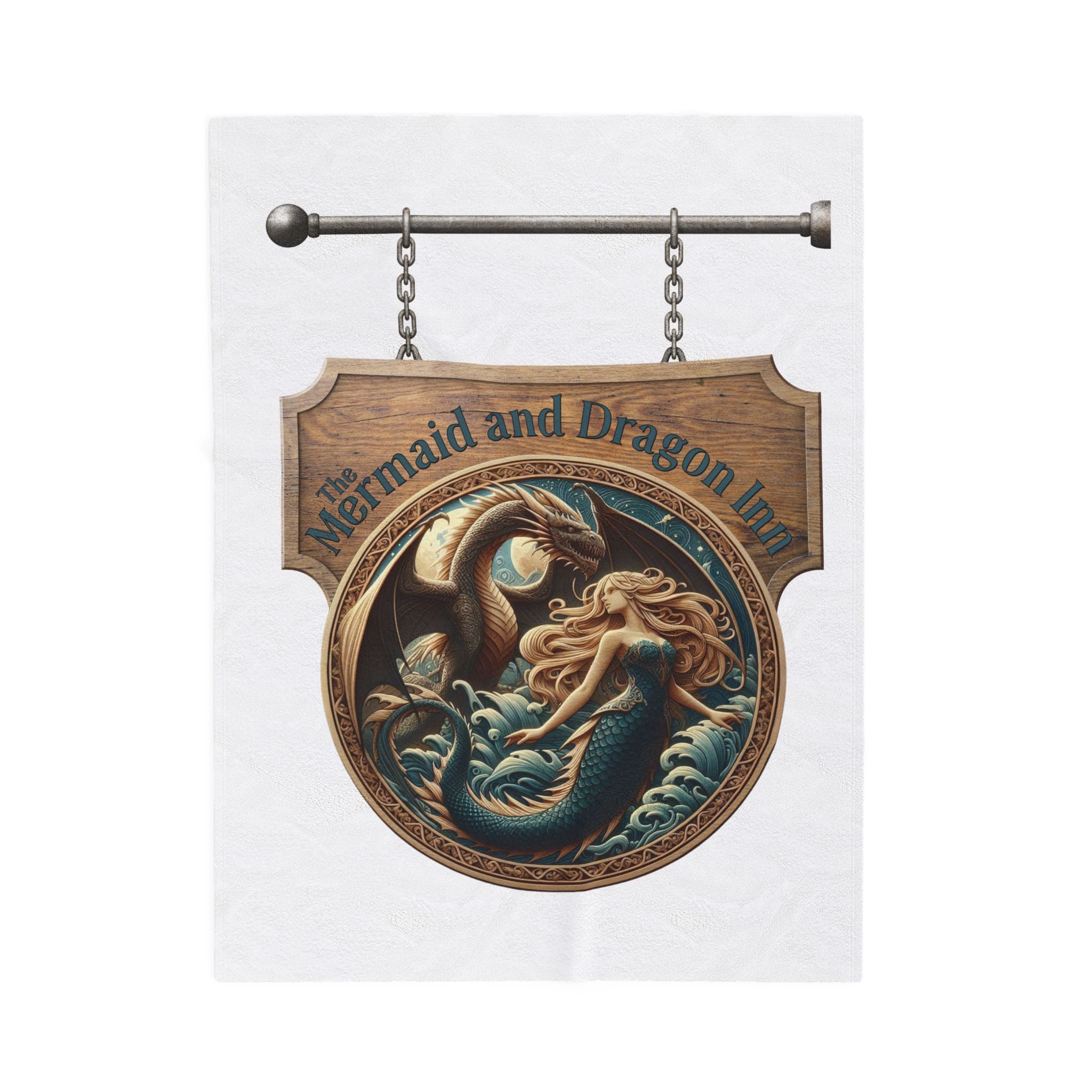 Mermaid and Dragon Inn Velveteen Plush Blanket — Fantasy Nautical Cozy Throw