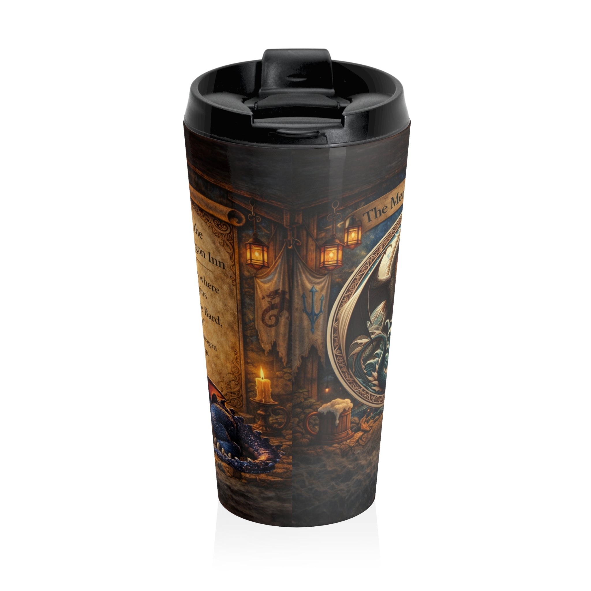 Mermaid and Dragon Stainless Steel Travel Mug — Fantasy Ocean Mythic Insulated Tumbler