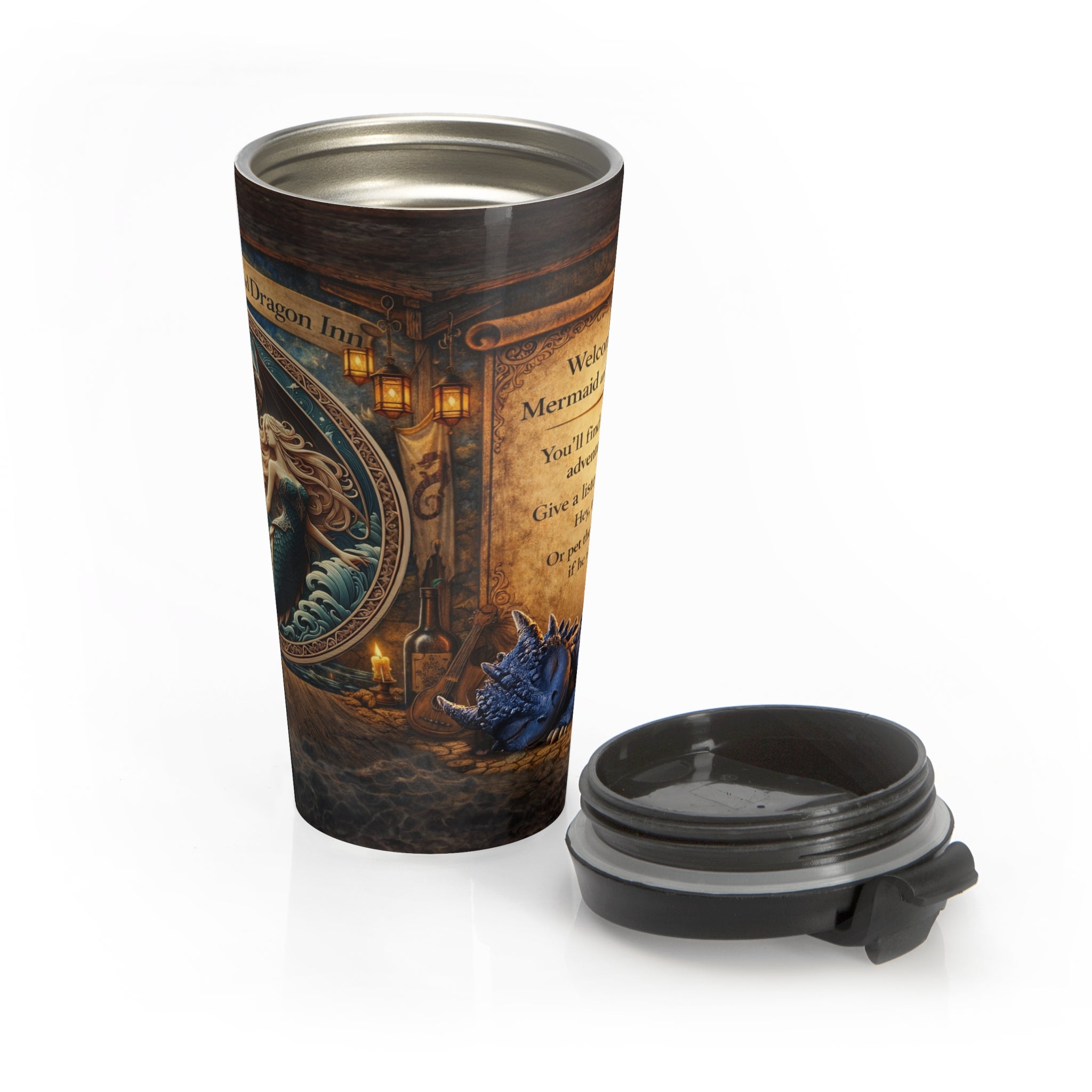 Mermaid and Dragon Stainless Steel Travel Mug — Fantasy Ocean Mythic Insulated Tumbler