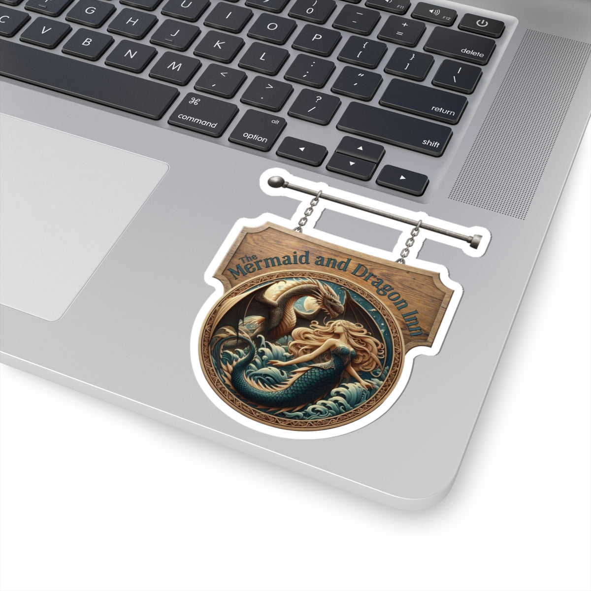 Mermaid and Dragon Inn Kiss-Cut Sticker — Vintage Nautical Fantasy Sign
